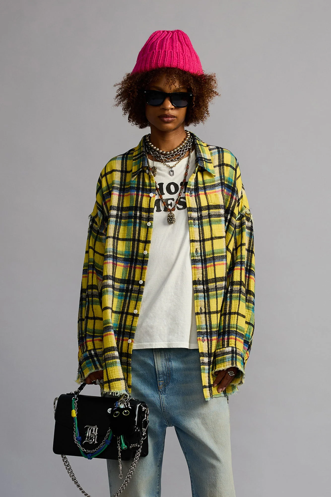 SHREDDED SEAM DROP NECK SHIRT - YELLOW PLAID