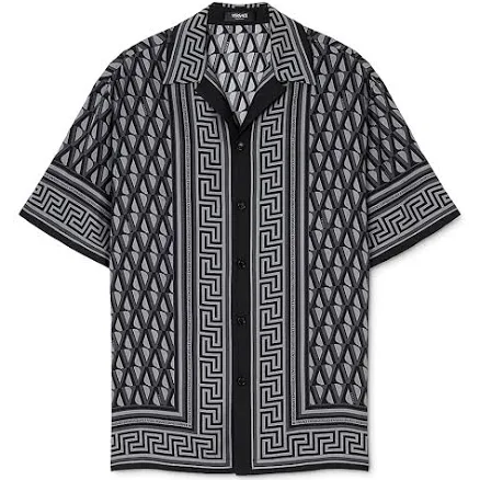 Versace Men's Silk Twill V Greca-Trim Bowling Shirt