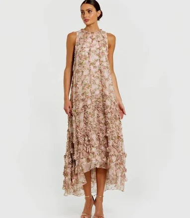 Mac Duggal Women's Sleeveless Floral Chiffon A-Line Ruffle Midi Dress