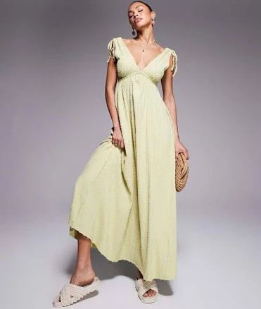 ASOS DESIGN textured deep V trapeze midi dress in sage