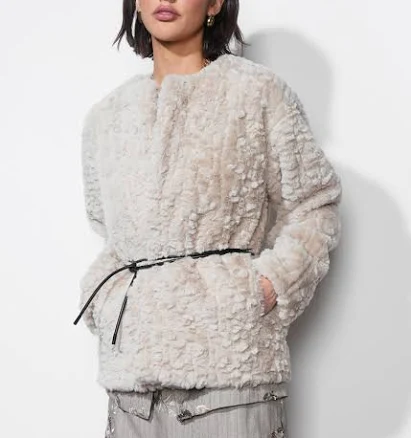 Greylin Yuri Collarless Faux Fur Jacket W/ Tie Belt