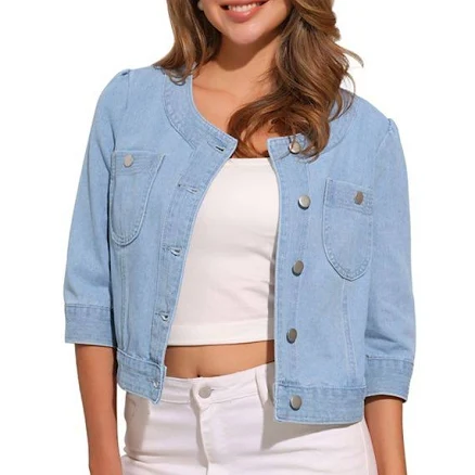 Women's 3/4 Sleeve Collarless Button Up Cropped Denim Jacket