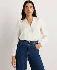Quince Women's Fluid Crepe Surplice Long Sleeve Blouse