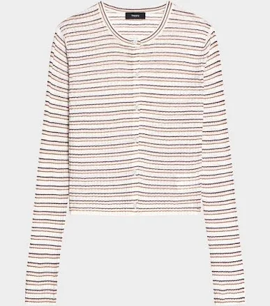 Theory Striped Linen-Blend Cropped Cardigan, Bone Pink, Women's, S, Sweaters Button-Front & Open Cardigan Sweaters