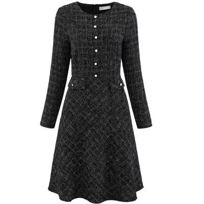 Women's Vintage Work Flare Tweed A-Line Long Sleeve Dress