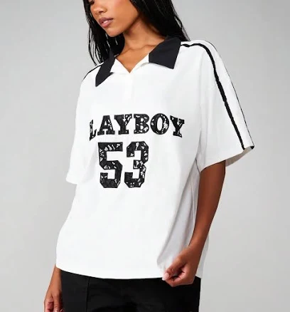 MISSGUIDED Oversized Collared Cotton Tee With Contrast Trim And Athletic Number Print For Casual Weekend
