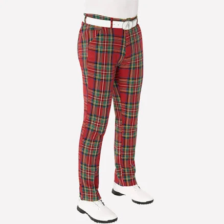 Men's Plaid Golf Pants Red Stewart Tartan With Free Golf Multitool By Royal & Awesome