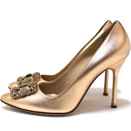 NEW Manolo Blahnik Rose Gold Metallic Nappa Leather Hangisi Crystal Buckle Pump Size 40