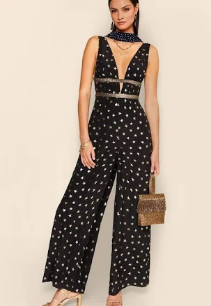 RIXO Black Mini Star Gold Silk Jumpsuit