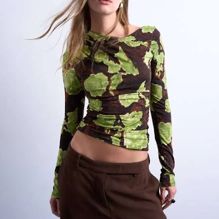 Topshop Abstract Floral Asymmetric Neck Long Sleeve Top