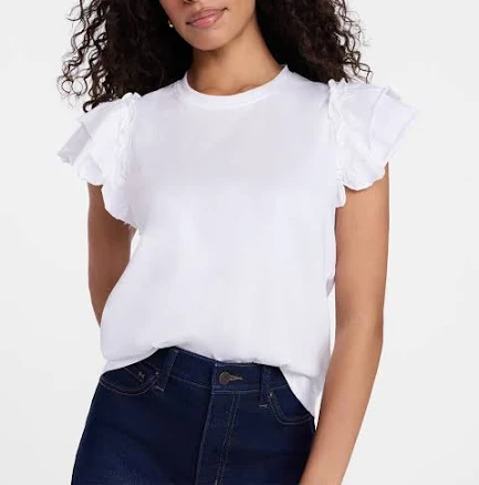 Time and Tru Women's Cotton Crewneck Tee with Ruffle Flutter Sleeves