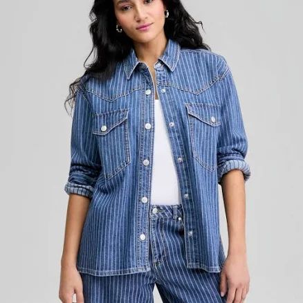 and Now This Women's Oversized Railroad Stripe Denim Shirt
