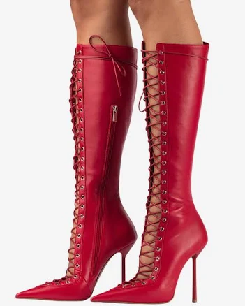 Women's Pointed Toe Cut Out Chunky Heel Lace Up Ankle Boots