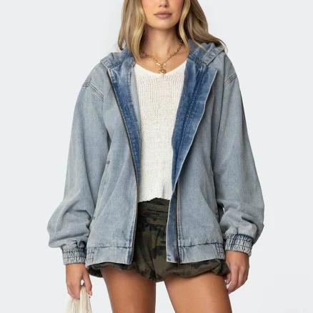 Edikted Women's Hooded Vintage Washed Denim Bomber Jacket