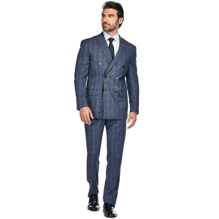 Gino Vitale Men's Slim Fit Double Breasted Checked Plaid Suit