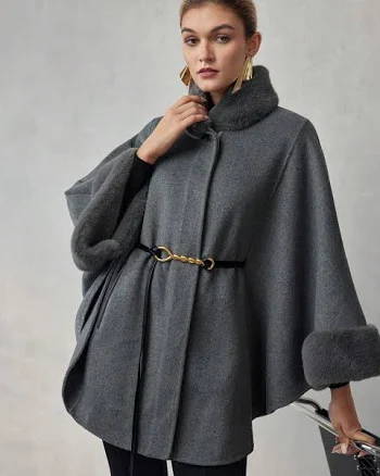 Wool Fluffy Chain Belted Cape OvercoatWool Fluffy Chain Belted Cape Overcoat