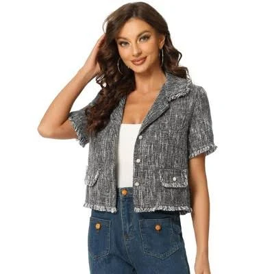 Inspire CHIC Women's Cropped Tweed Tassel Shirt