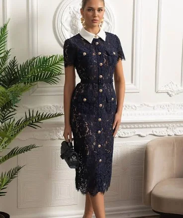 Floral Lace Midi Dress Collar Waist