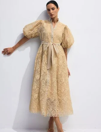 Diana Floral Embroidered Lace Belted Midi Dress
