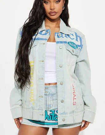 Fashion Nova Women's Von Dutch Patchwork Oversized Denim Jacket
