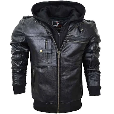 RIDERACT Men's Stinger Hooded Leather Motorcycle JacketRIDERACT Men's Stinger Hooded Leather Motorcycle Jacket