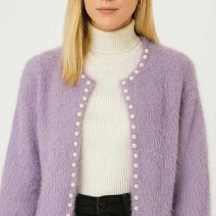 Women's Elegant O-Neck Long Sleeve Pearl Knit Cardigan