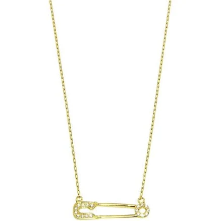 Gold Plated 925 Sterling Silver CZ Crystal Safety Pin Necklace