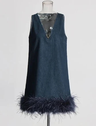 Setlla Feather Trim Denim Mini Dress