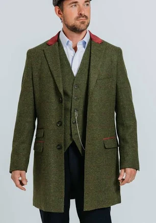 Dobell Windowpane Check Tweed Overcoat with Velvet Trims