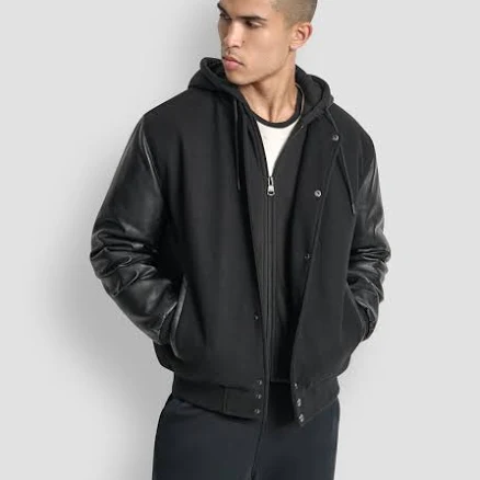 DKNY Men's Colorblocked Removable Hood Varsity Jacket