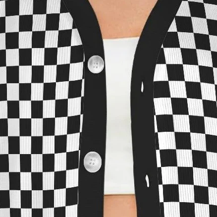 Women's Checkered Long Sleeve V-Neck Cardigan