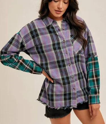 Mixed Plaid Frayed Hem Button Down Shirt