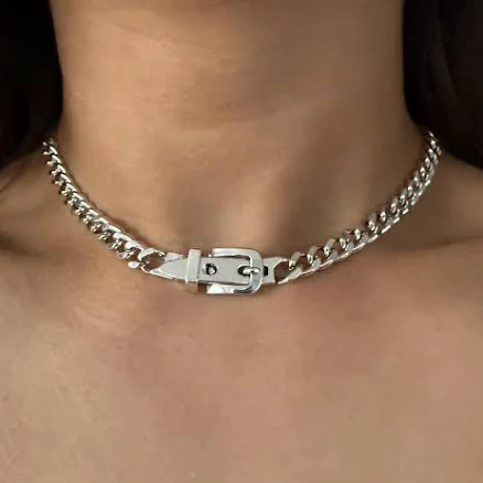 Sterling Silver Plated Y2K Belt Buckle Choker Necklace