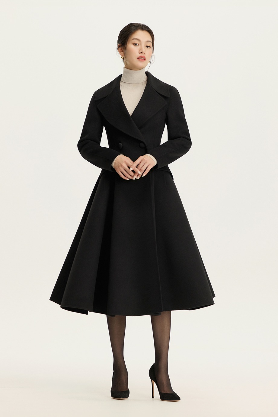 CASHMERE WOOL WIDE COLLAR FLARE COAT