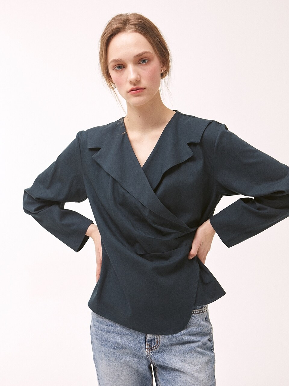 Front Collar Wrap Blouse - Navy