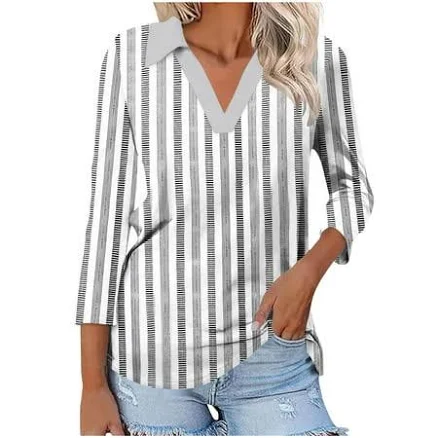 Women's V-Neck 3/4 Sleeve Vertical Stripe Print Shirt