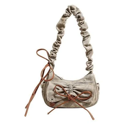 Baguery Canvas Pleated Bow Multi-Pocket Baguette Crossbody Shoulder Bag for Women and Girls, Minimalist Zipper Purse with Color-Block Stitching in