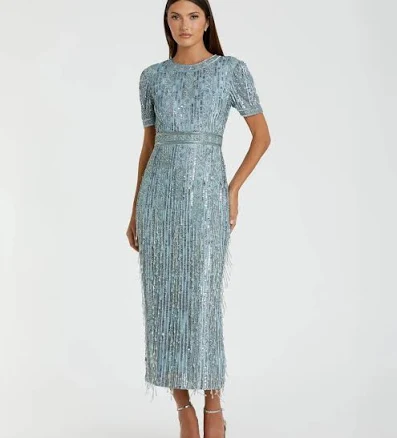 Mac Duggal High Neck Short Sleeve Crystal Fringe Sheath Dress