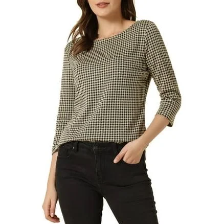 Inspire Chic Women's Check Top Boat Neck 3/4 Sleeve Plaid Blouse