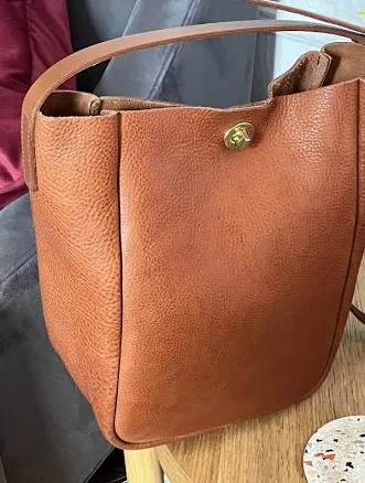Mimi Berry Grainy Tan Leather Greta Medium Crossbody Bucket Bag