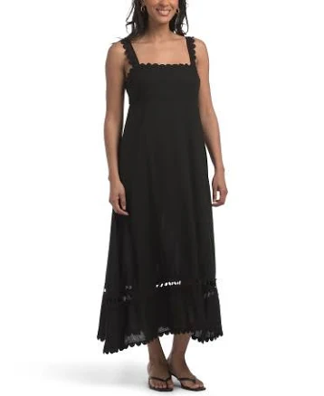 Women's Linen Blend Scalloped Trim Maxi Dress