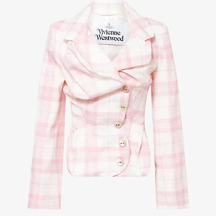 Vivienne Westwood Womens Ivory Pink Drunken Tailor Check-Print Wool Jacket 8