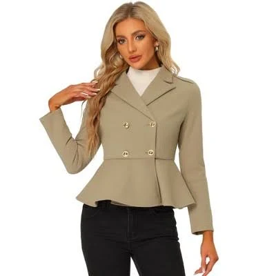Allegra K Women's Elegant Lapel Blazer Long Sleeve Button Ruffle Hem Work Short Coat Jacket Kahki