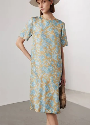 Fibflx 100 Mulberry Silk Floral Short-Sleeve Crewneck Midi T-Shirt Dress with Pockets