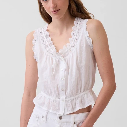 Women's Eyelet Tie-Front Crop Peplum Top by Gap