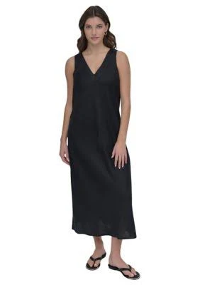 DKNY Women's V Neck Panel Linen Dress