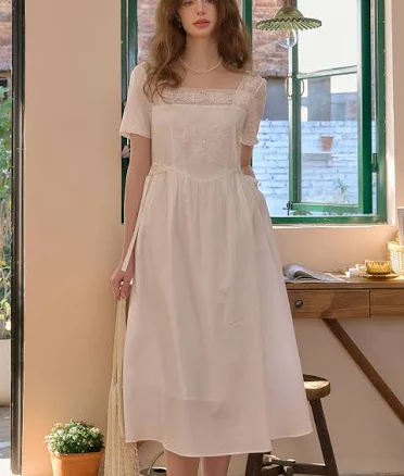 Sia Square Neck Cotton Dress with Embroidery