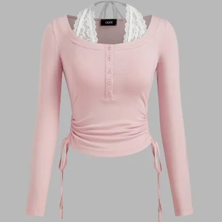 CIDER Women's Knit Top Halter Neckline Ruched Lace Drawstring Solid Long Sleeve Top