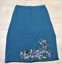 80s Carol Patterson Knit Midi Skirt Beaded Embroidered Sequin Teal Size 1X VTG