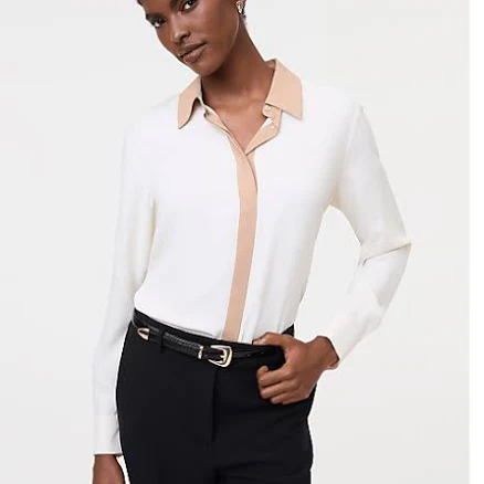 Ann Taylor Women's Modern Satin Shirt with Contrast Trim